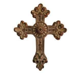 Vintage Taupe Brown Rustic Distressed Decorative Heavy Wall Cross Crucifix Décor